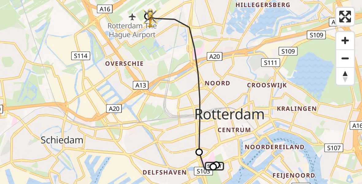 Vluchtroute Traumahelikopter van Leids Universitair Medisch Centrum (LUMC) naar Rotterdam The Hague Airport