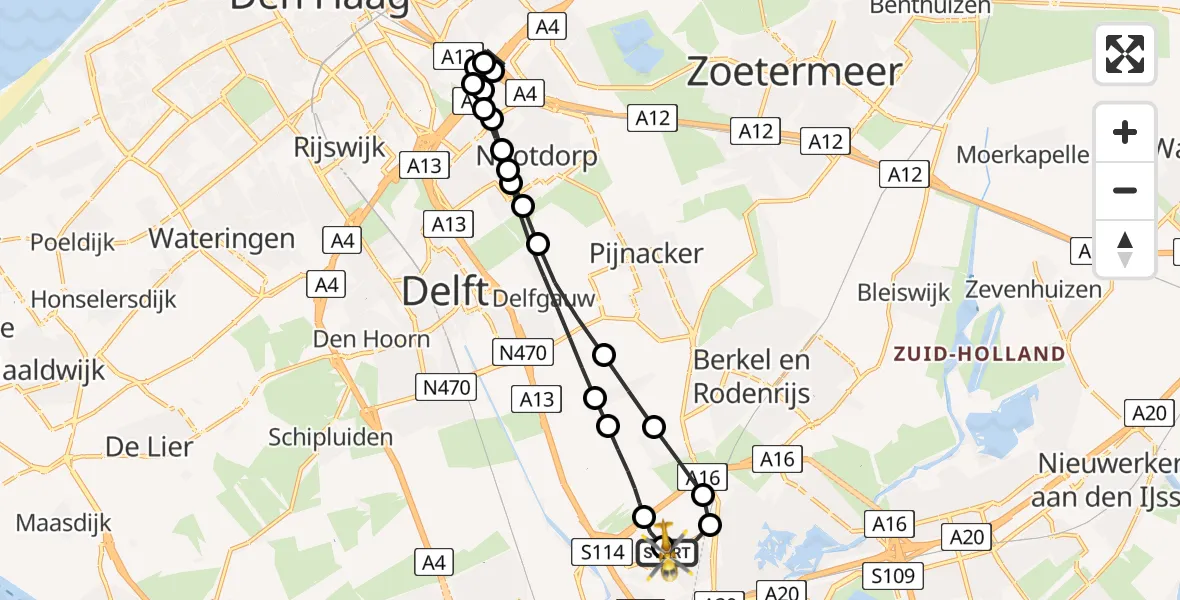 Vluchtroute Traumahelikopter van Rotterdam The Hague Airport naar Rotterdam The Hague Airport