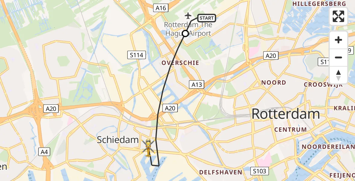 Vluchtroute Traumahelikopter van Rotterdam The Hague Airport naar Rotterdam