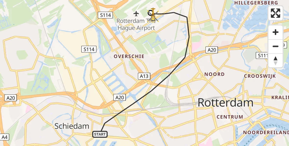 Vluchtroute Traumahelikopter van Rotterdam naar Rotterdam The Hague Airport
