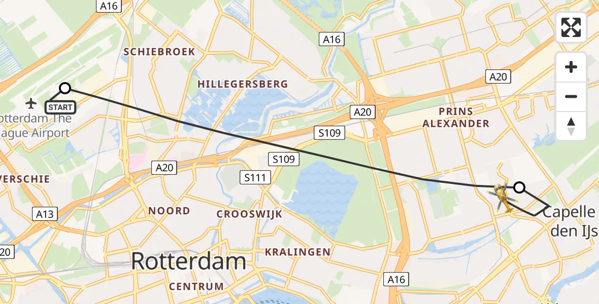 Vluchtroute Traumahelikopter van Rotterdam The Hague Airport naar Capelle aan den IJssel