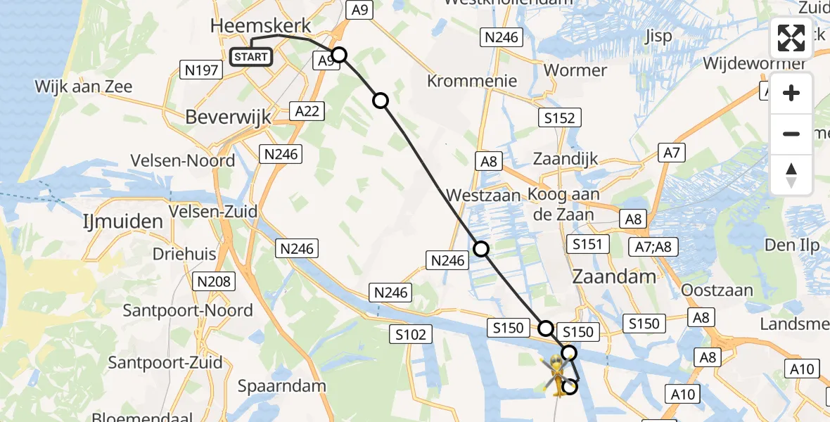 Vluchtroute Traumahelikopter van Heemskerk naar Amsterdam Heliport