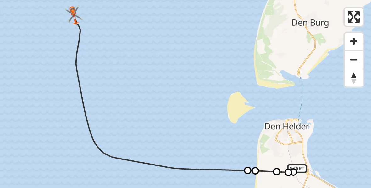Vluchtroute Kustwachthelikopter van Militair vliegveld De Kooy / Den Helder Airport naar Noordzee