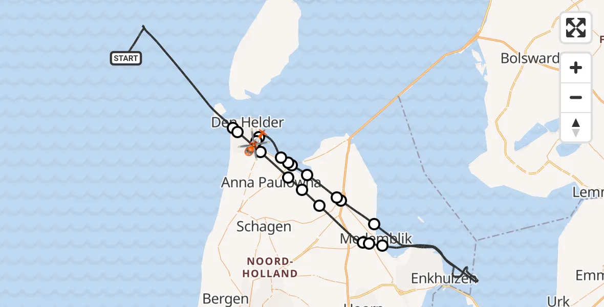 Vluchtroute Kustwachthelikopter van Noordzee naar Militair vliegveld De Kooy / Den Helder Airport