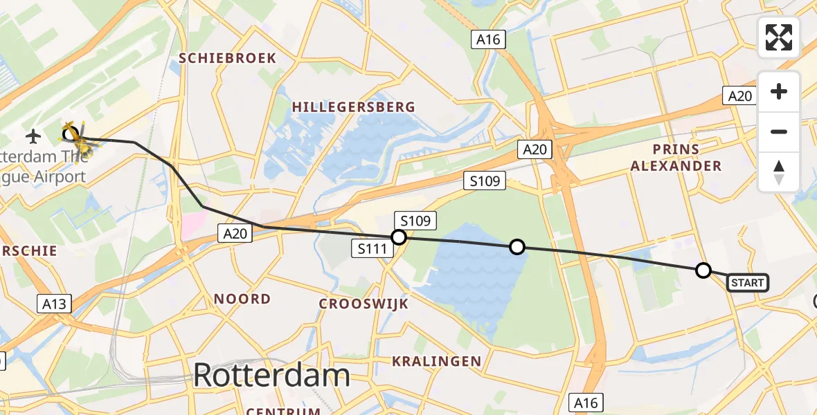 Vluchtroute Traumahelikopter van Capelle aan den IJssel naar Rotterdam The Hague Airport
