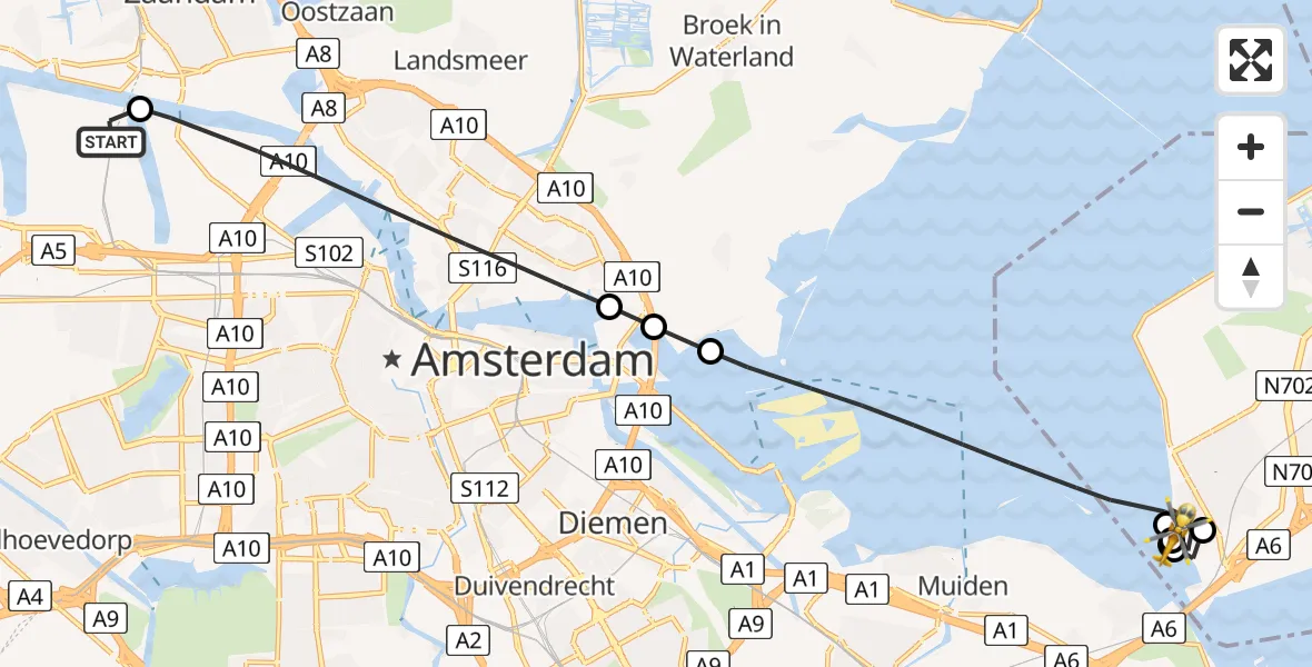 Vluchtroute Traumahelikopter van Amsterdam Heliport naar Almere