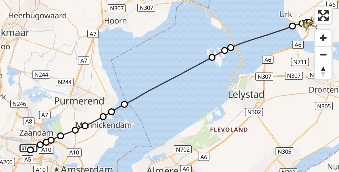 Vluchtroute Traumahelikopter van Amsterdam Heliport naar Tollebeek