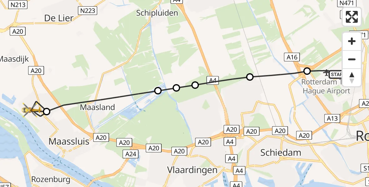 Vluchtroute Traumahelikopter van Rotterdam The Hague Airport naar Maassluis