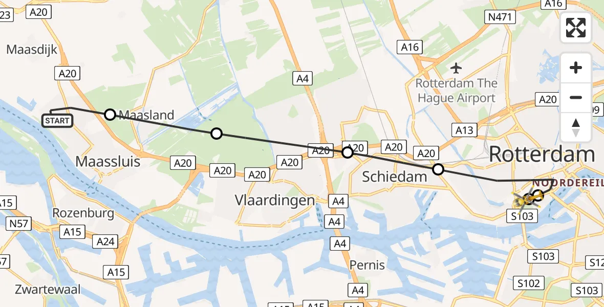 Vluchtroute Traumahelikopter van Maassluis naar Leids Universitair Medisch Centrum (LUMC)