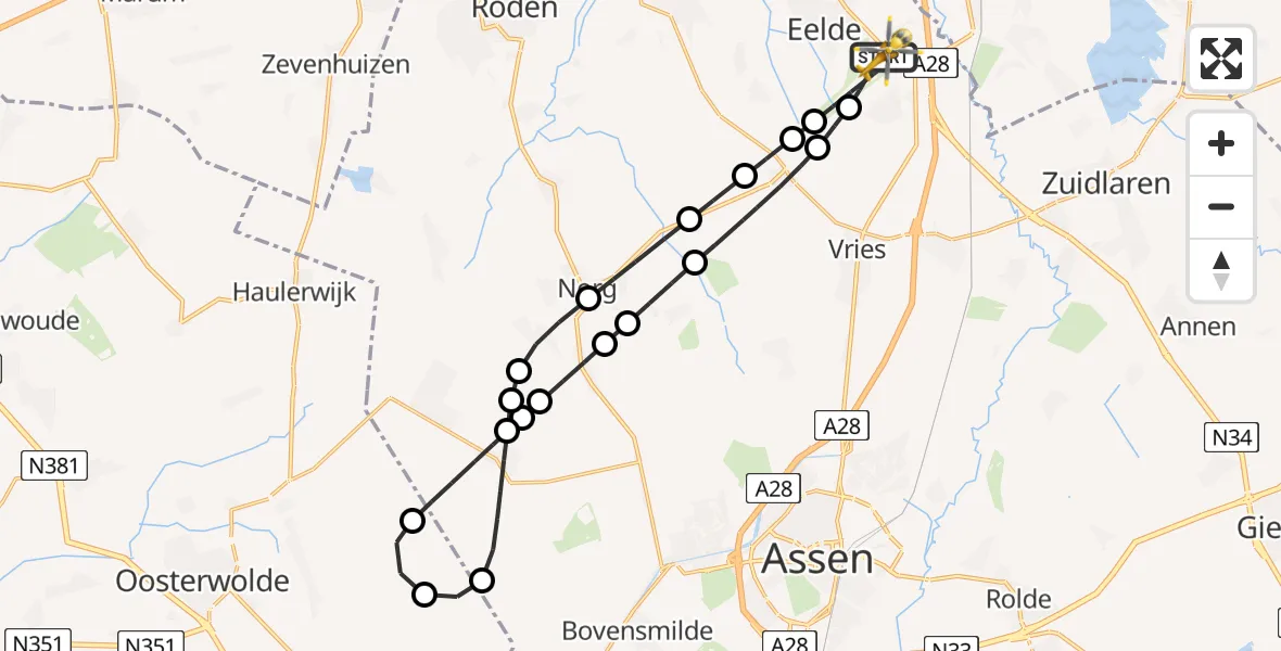 Vluchtroute Traumahelikopter van Groningen Airport Eelde naar Groningen Airport Eelde