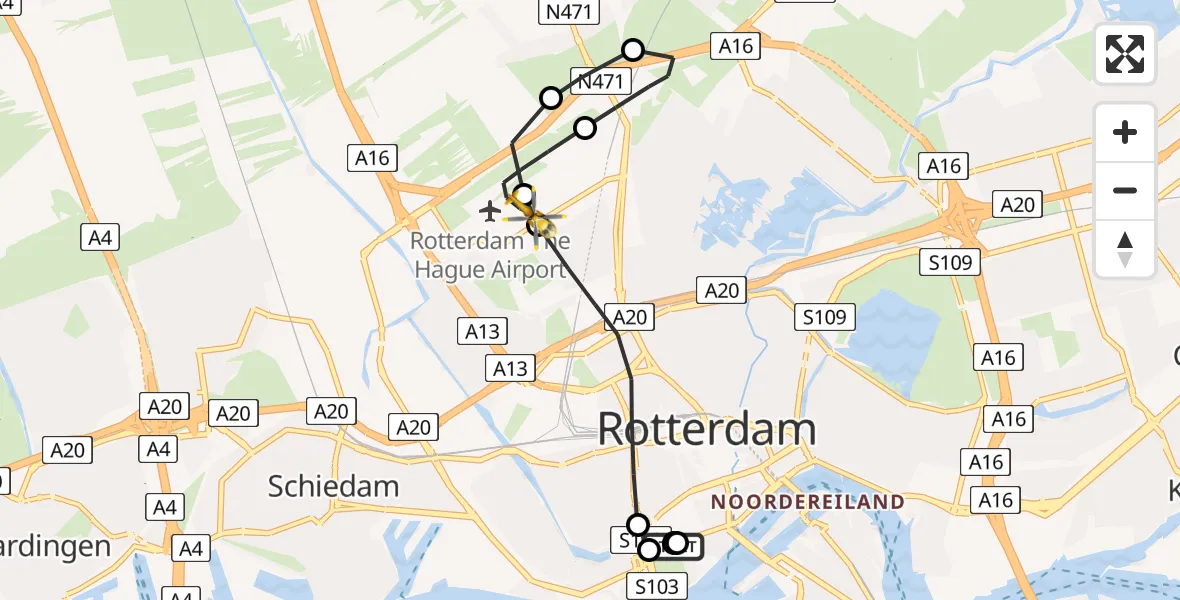 Vluchtroute Traumahelikopter van Erasmus MC naar Rotterdam The Hague Airport