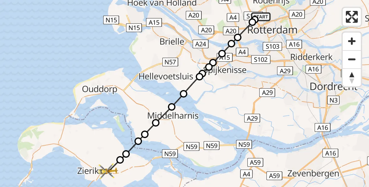 Vluchtroute Traumahelikopter van Rotterdam The Hague Airport naar Nieuwerkerk