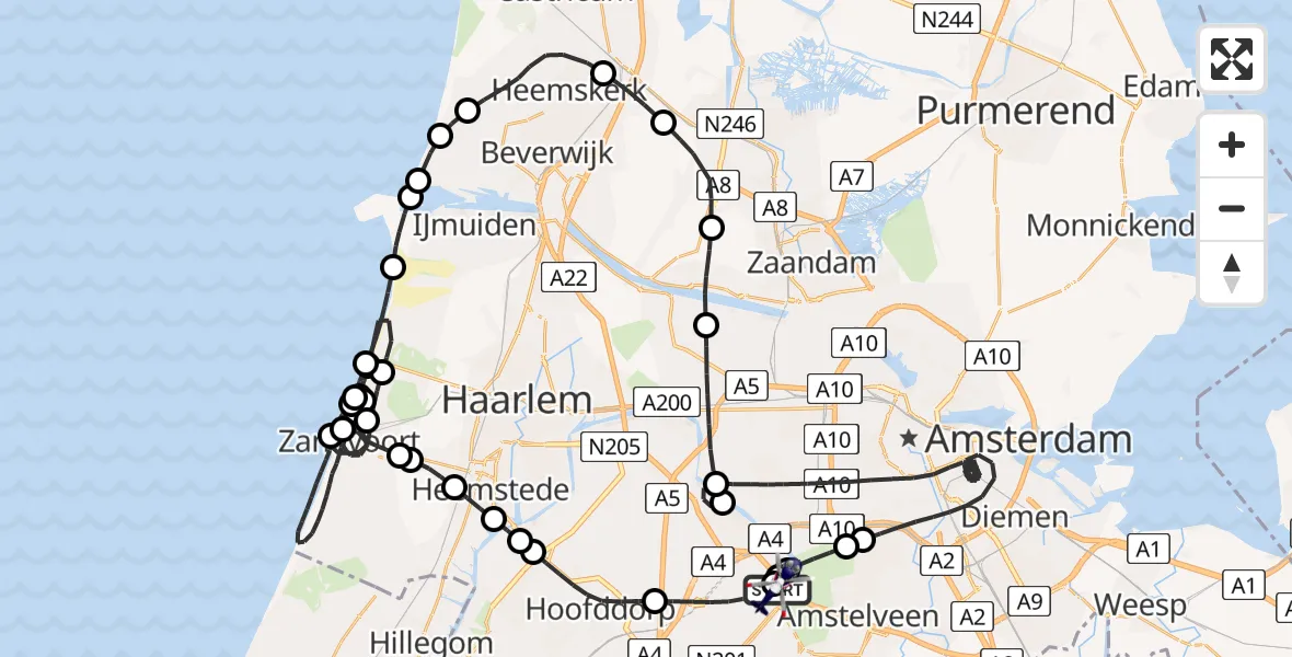 Vluchtroute Politiehelikopter van Amsterdam Vliegveld Schiphol naar Amsterdam Vliegveld Schiphol