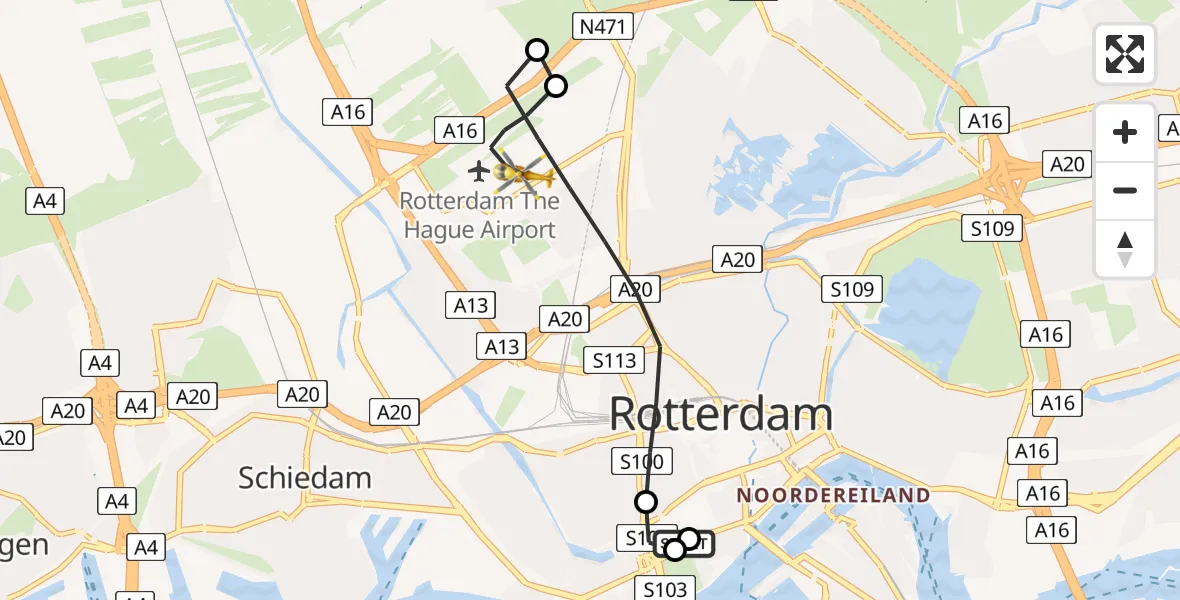 Vluchtroute Traumahelikopter van Leids Universitair Medisch Centrum (LUMC) naar Rotterdam The Hague Airport