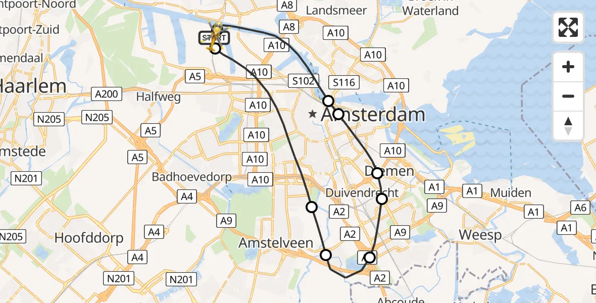 Vluchtroute Traumahelikopter van Amsterdam Heliport naar Amsterdam Heliport