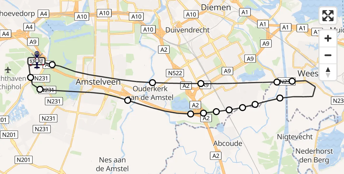 Vluchtroute Politiehelikopter van Amsterdam Vliegveld Schiphol naar Amsterdam Vliegveld Schiphol