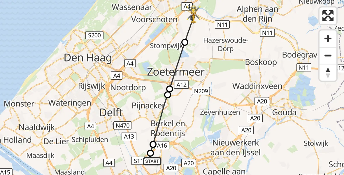 Vluchtroute Traumahelikopter van Rotterdam The Hague Airport naar Zoeterwoude