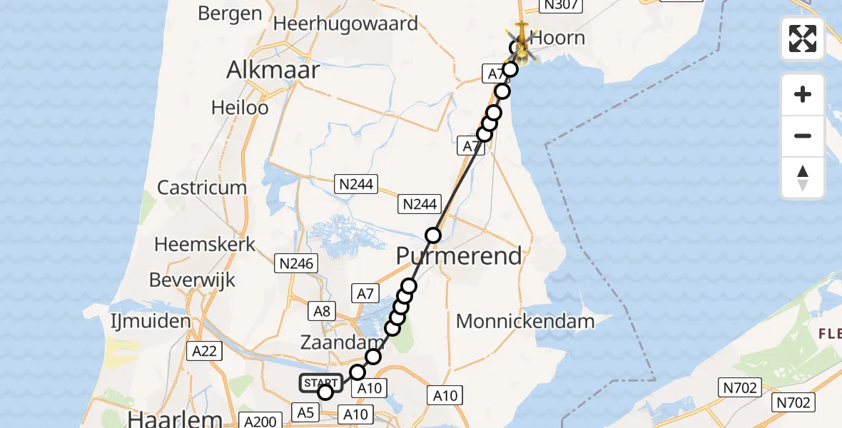 Vluchtroute Traumahelikopter van Amsterdam Heliport naar Berkhout