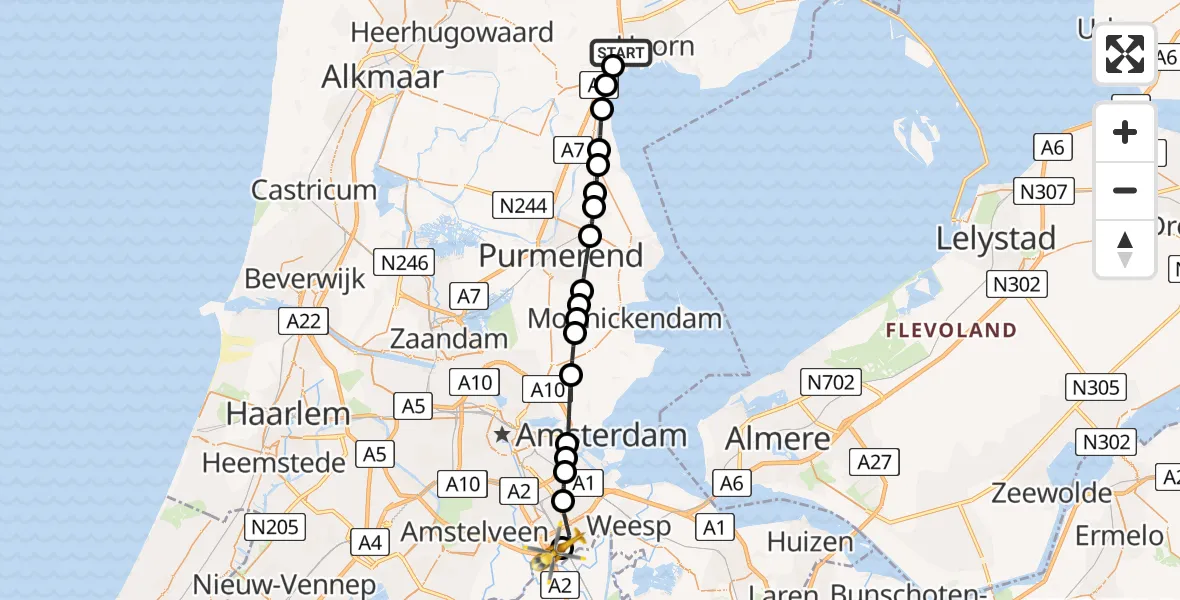 Vluchtroute Traumahelikopter van Berkhout naar Amsterdam UMC Helipad