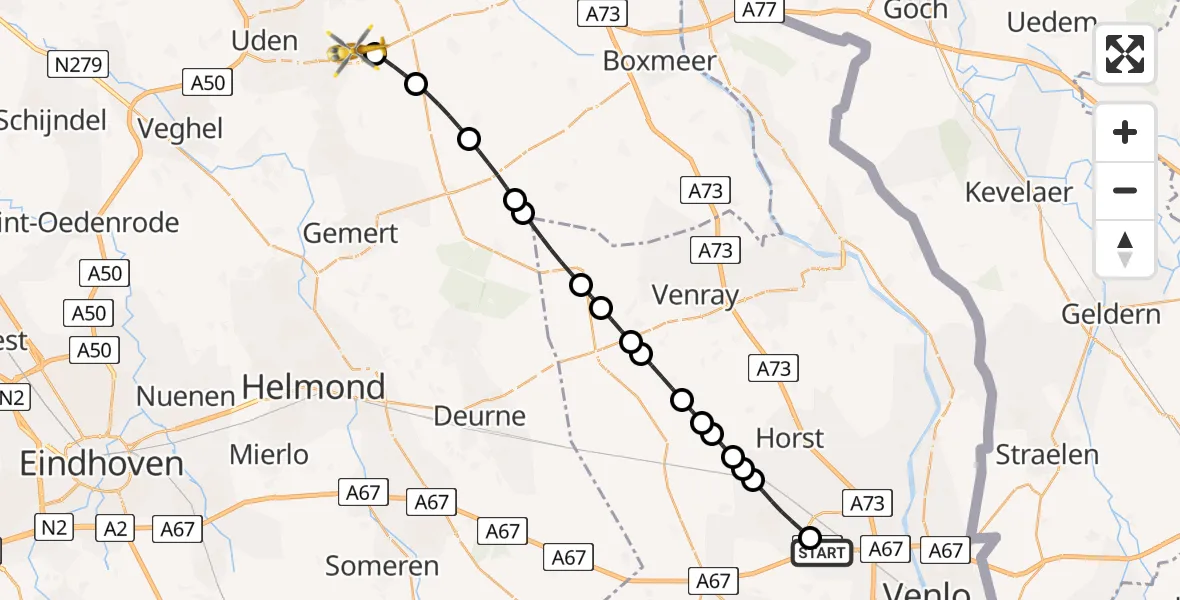 Vluchtroute Traumahelikopter van Venlo naar Vliegbasis Volkel