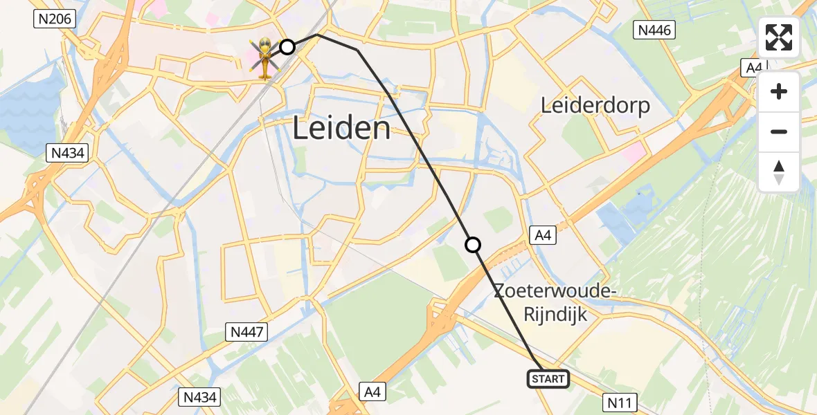 Vluchtroute Traumahelikopter van Zoeterwoude naar Leiden University Medical Center Heliport