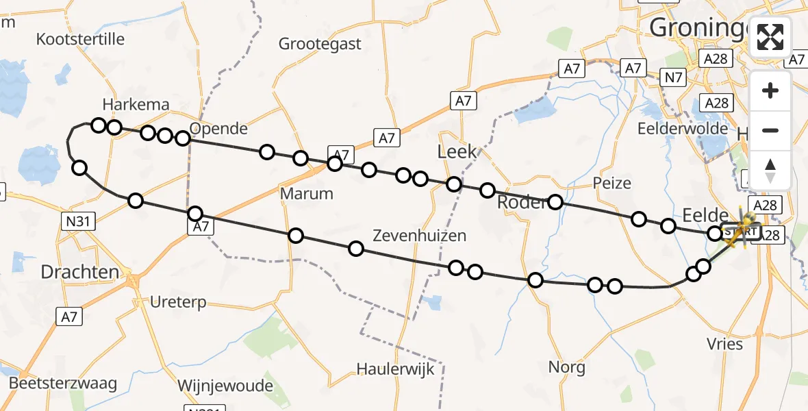 Vluchtroute Traumahelikopter van Groningen Airport Eelde naar Groningen Airport Eelde