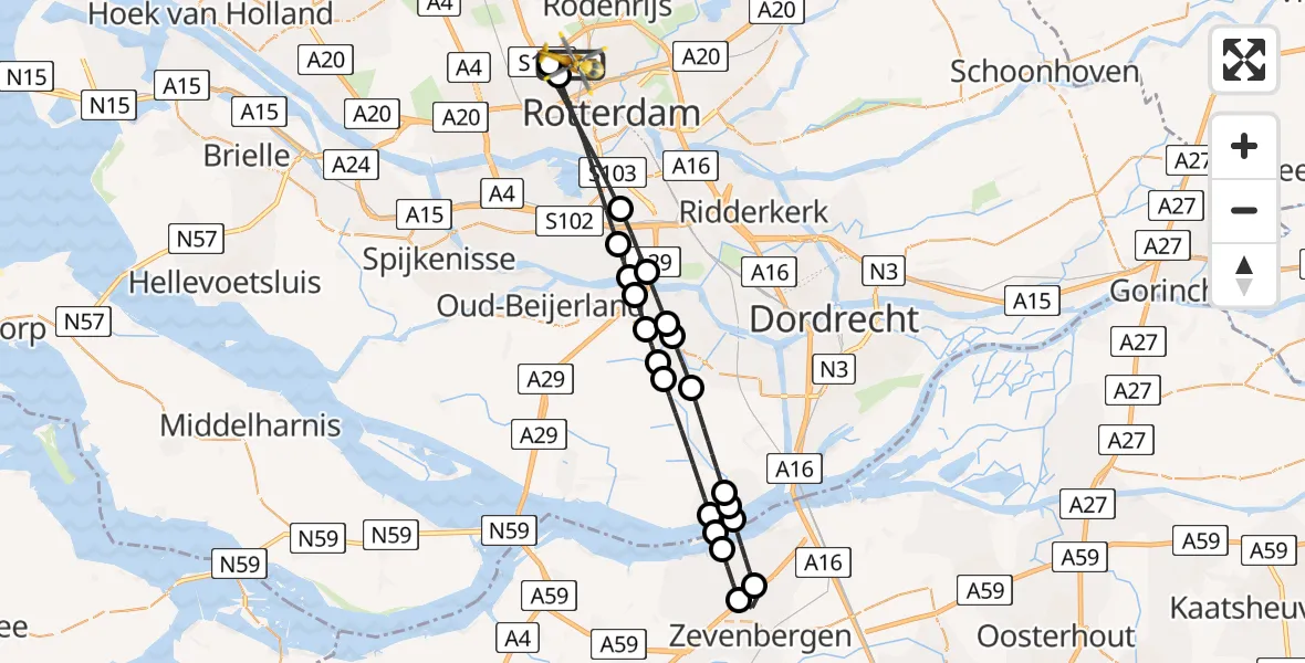 Vluchtroute Traumahelikopter van Rotterdam The Hague Airport naar Rotterdam The Hague Airport