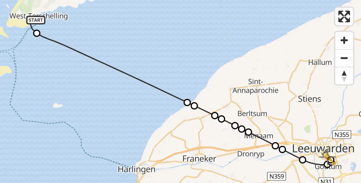 Vluchtroute Ambulancehelikopter van West-Terschelling naar Leeuwarden Medical Center Heliport