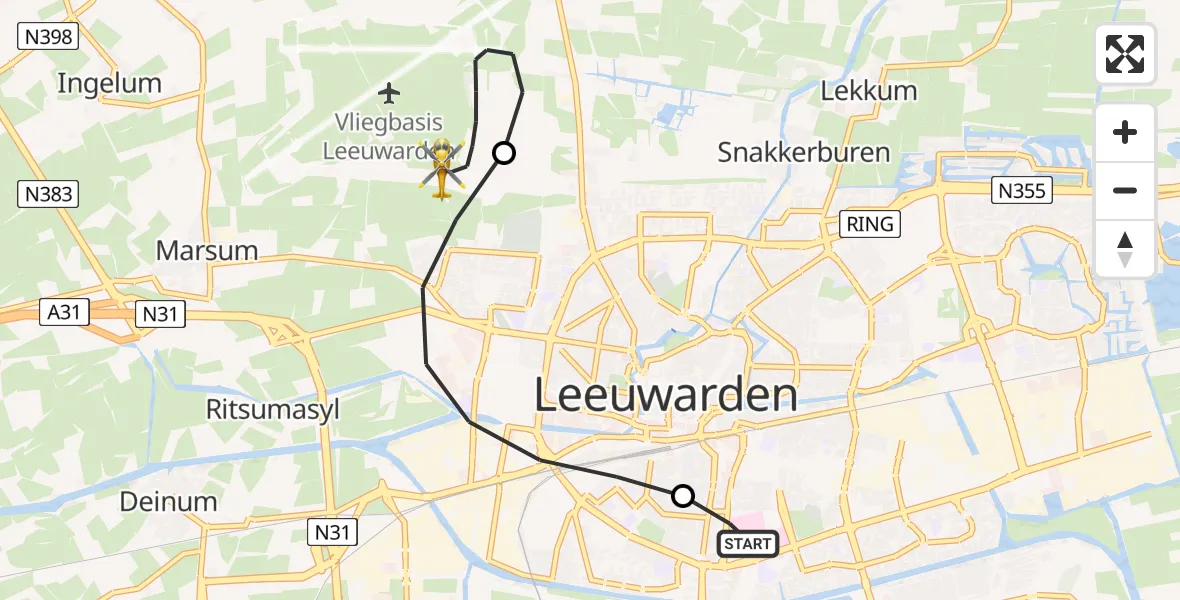 Vluchtroute Ambulancehelikopter van Leeuwarden Medical Center Heliport naar Vliegbasis Leeuwarden