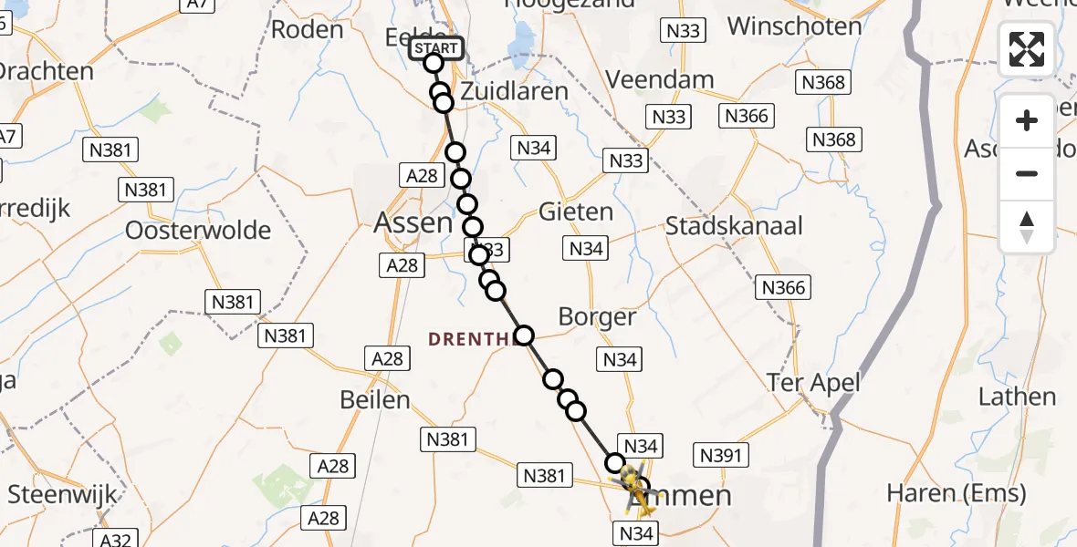 Vluchtroute Traumahelikopter van Groningen Airport Eelde naar Emmen