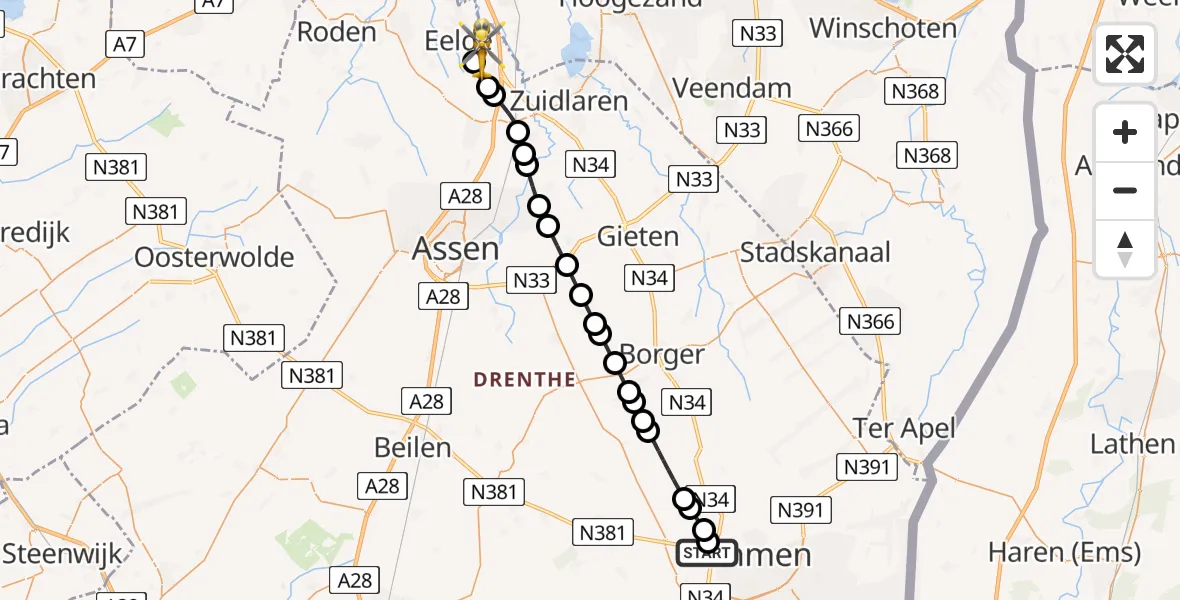 Vluchtroute Traumahelikopter van Emmen naar Groningen Airport Eelde