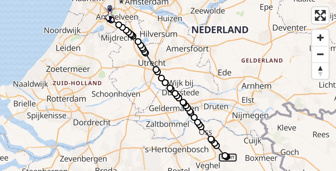 Vluchtroute Politiehelikopter van Vliegbasis Volkel naar Amsterdam Vliegveld Schiphol