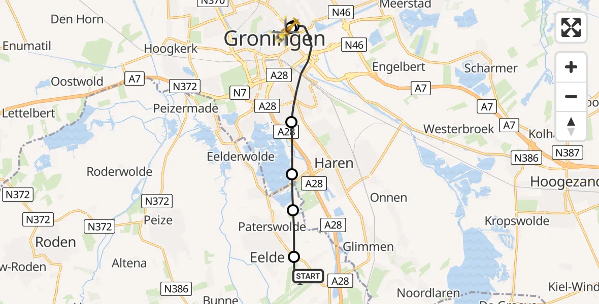 Vluchtroute Traumahelikopter van Groningen Airport Eelde naar Universitair Medisch Centrum Groningen