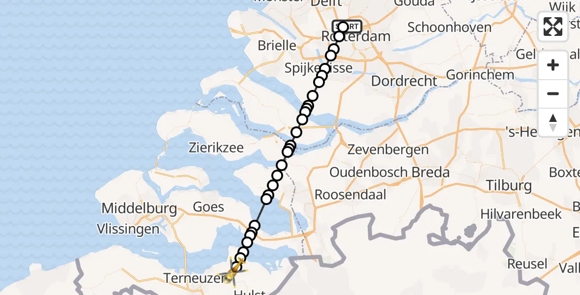 Vluchtroute Traumahelikopter van Rotterdam The Hague Airport naar Hengstdijk