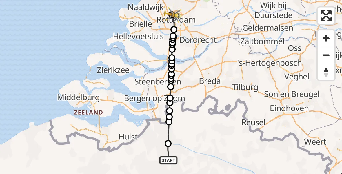 Vluchtroute Traumahelikopter van Antwerp University Hospital Heliport naar Rotterdam The Hague Airport
