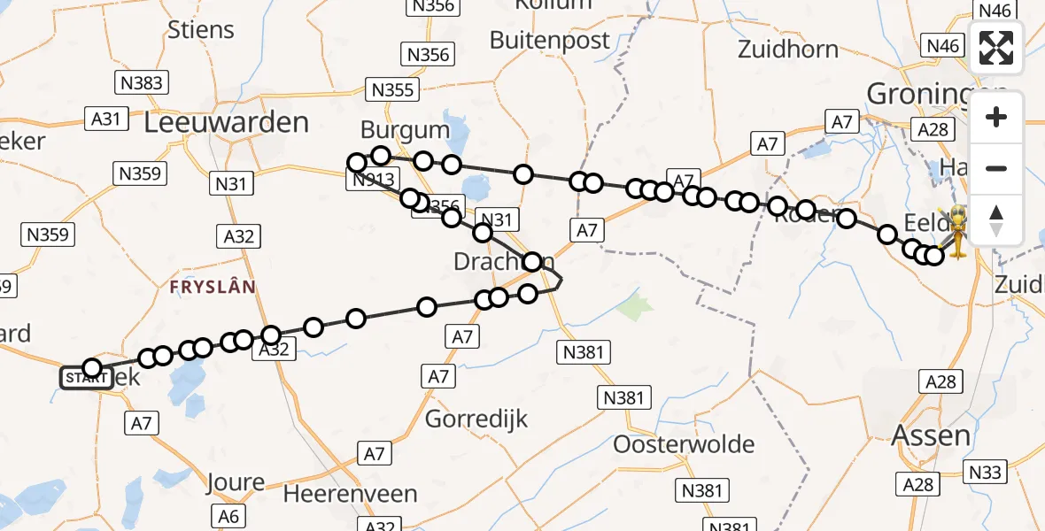 Vluchtroute Traumahelikopter van Antonius Hospital Heliport naar Groningen Airport Eelde