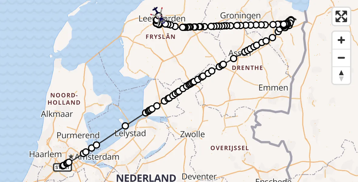 Vluchtroute Politiehelikopter van Amsterdam Vliegveld Schiphol naar Vliegbasis Leeuwarden