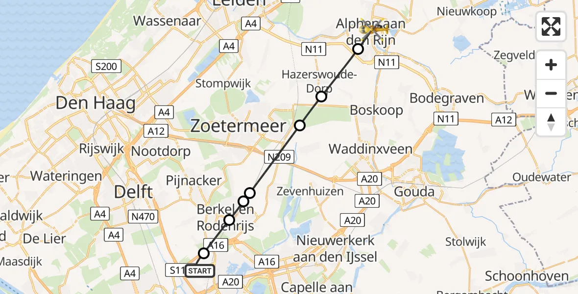 Vluchtroute Traumahelikopter van Rotterdam The Hague Airport naar Alphen aan den Rijn