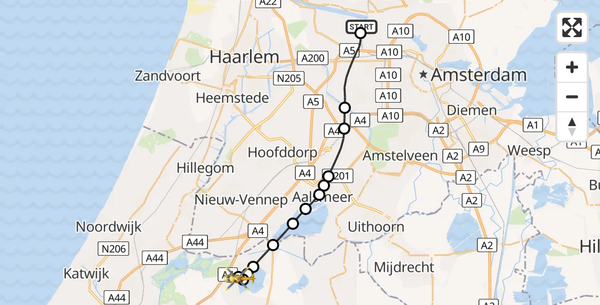 Vluchtroute Traumahelikopter van Amsterdam Heliport naar Roelofarendsveen