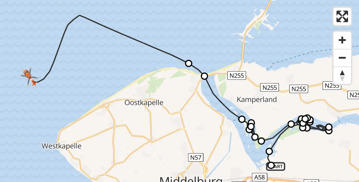 Vluchtroute Kustwachthelikopter van Vliegveld Midden-Zeeland naar Noordzee