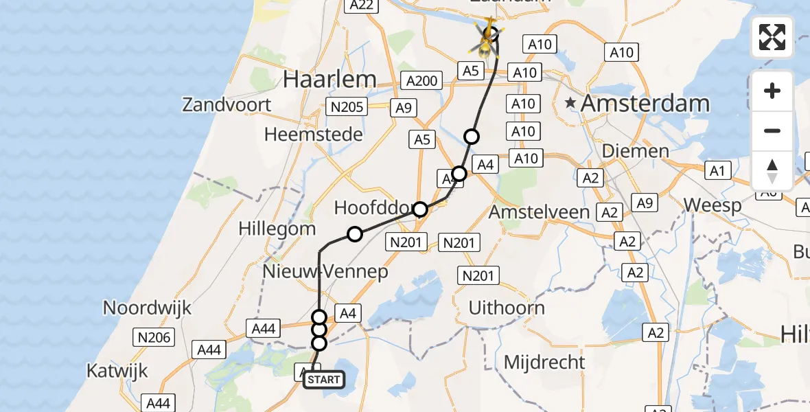Vluchtroute Traumahelikopter van Roelofarendsveen naar Amsterdam Heliport