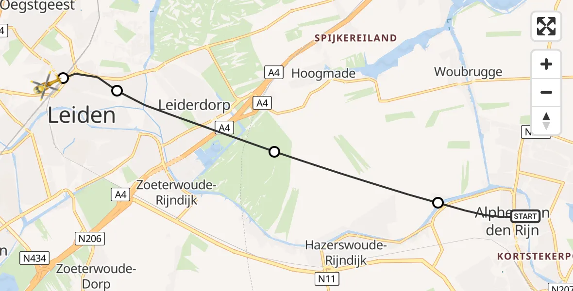 Vluchtroute Traumahelikopter van Alphen aan den Rijn naar Leiden University Medical Center Heliport