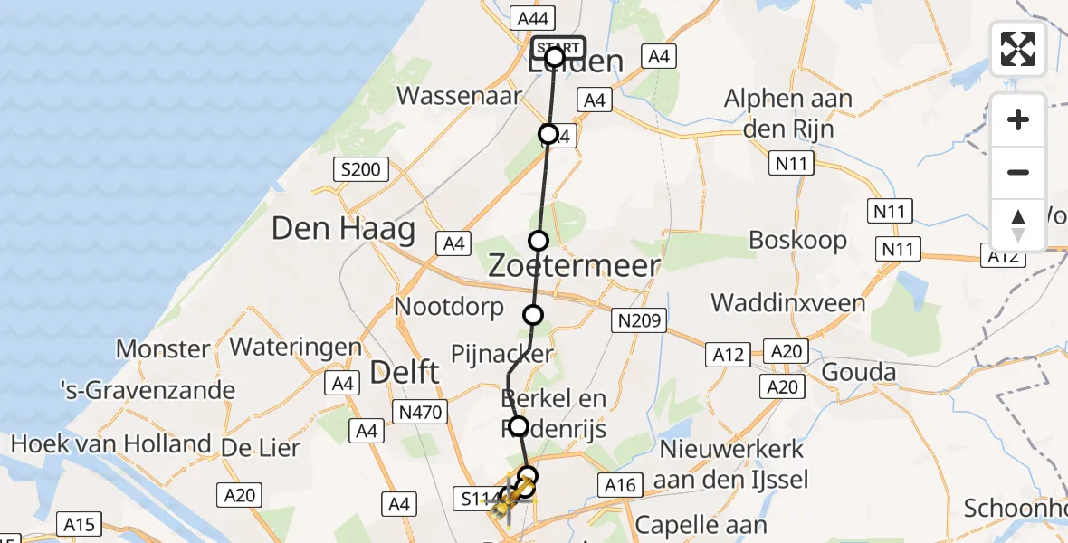 Vluchtroute Traumahelikopter van Leiden University Medical Center Heliport naar Rotterdam The Hague Airport