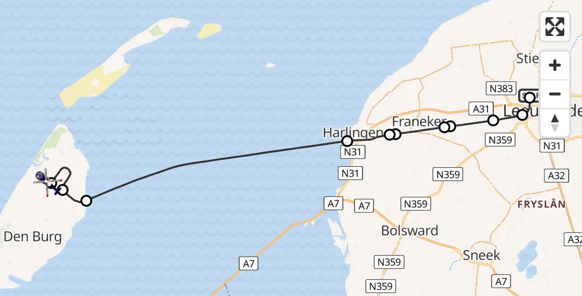 Vluchtroute Politiehelikopter van Vliegbasis Leeuwarden naar Texel International Airport