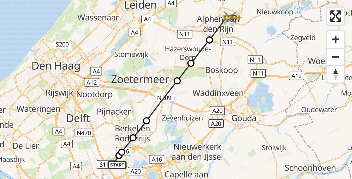 Vluchtroute Traumahelikopter van Rotterdam The Hague Airport naar Alphen aan den Rijn