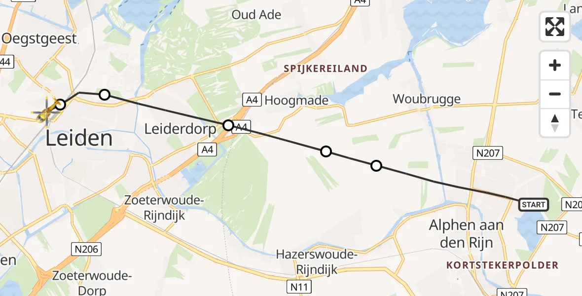 Vluchtroute Traumahelikopter van Alphen aan den Rijn naar Leiden University Medical Center Heliport