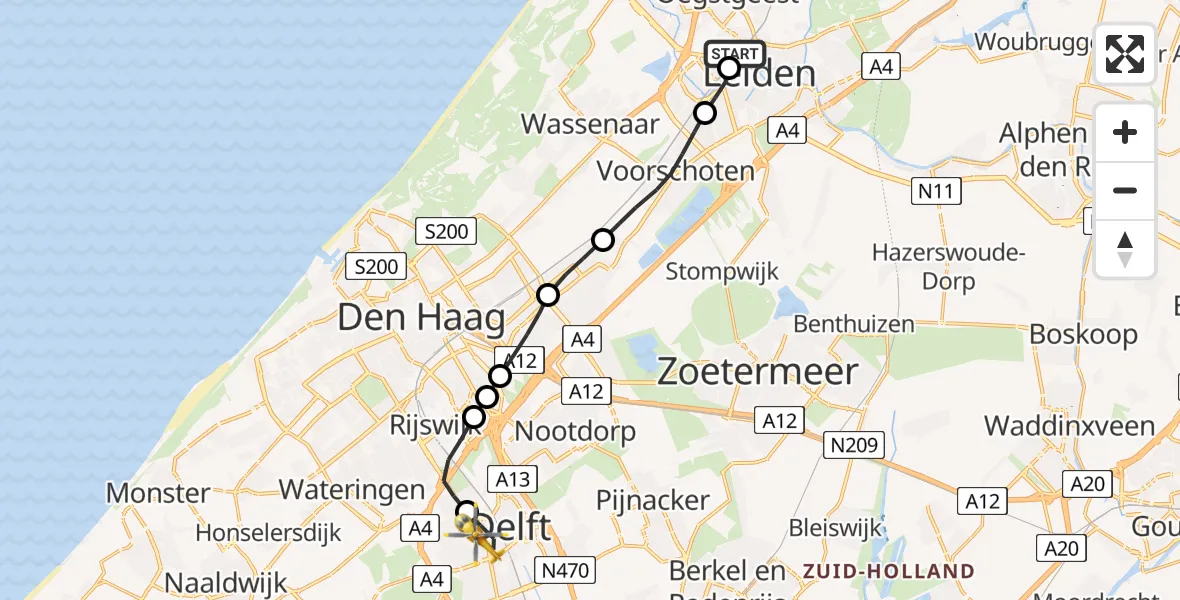 Vluchtroute Traumahelikopter van Leiden University Medical Center Heliport naar Delft