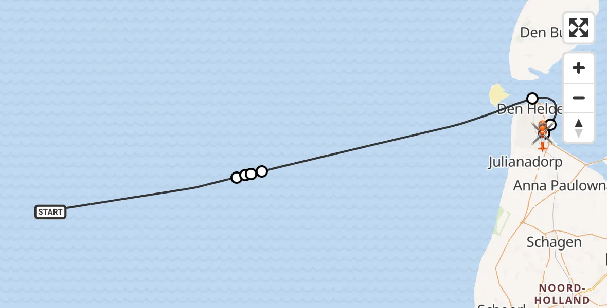 Vluchtroute Kustwachthelikopter van Noordzee naar Militair vliegveld De Kooy / Den Helder Airport