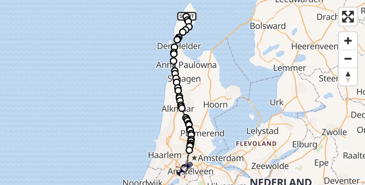 Vluchtroute Politiehelikopter van Texel International Airport naar Amsterdam Vliegveld Schiphol