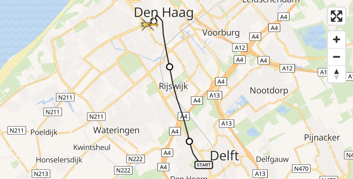 Vluchtroute Traumahelikopter van Delft naar HMC Westeinde Heliport